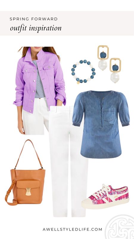 This classic jean jacket from Talbots is comes in five colors and is perfect for spring. It’s available in misses, petite, plus and plus petite sizes, and I love the purple for spring. I paired it with a denim popover shirt and the customer favorite perfect crop pants that come in eight colors. These pants are so comfortable and can be easily dressed up or down. I adore the Gola sneakers in this pink plaid, and the leather bucket bag is a great wardrobe staple. I added jewelry to coordinate with the denim shirt and this casual spring outfit is complete!

#fashion #fashionover50 #fashionover60 #talbots #talbotsfashion #spring #springoutfit #springfashion #jeanjacket #denim #chinos

#LTKstyletip #LTKfindsunder100 #LTKSeasonal