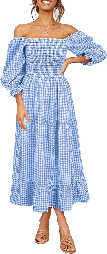 UIMLK Women's Boho Flowy Cottagecore Puff Sleeve Off The Shoulder Summer Casual Plaid Ruffle Midi... | Amazon (US)