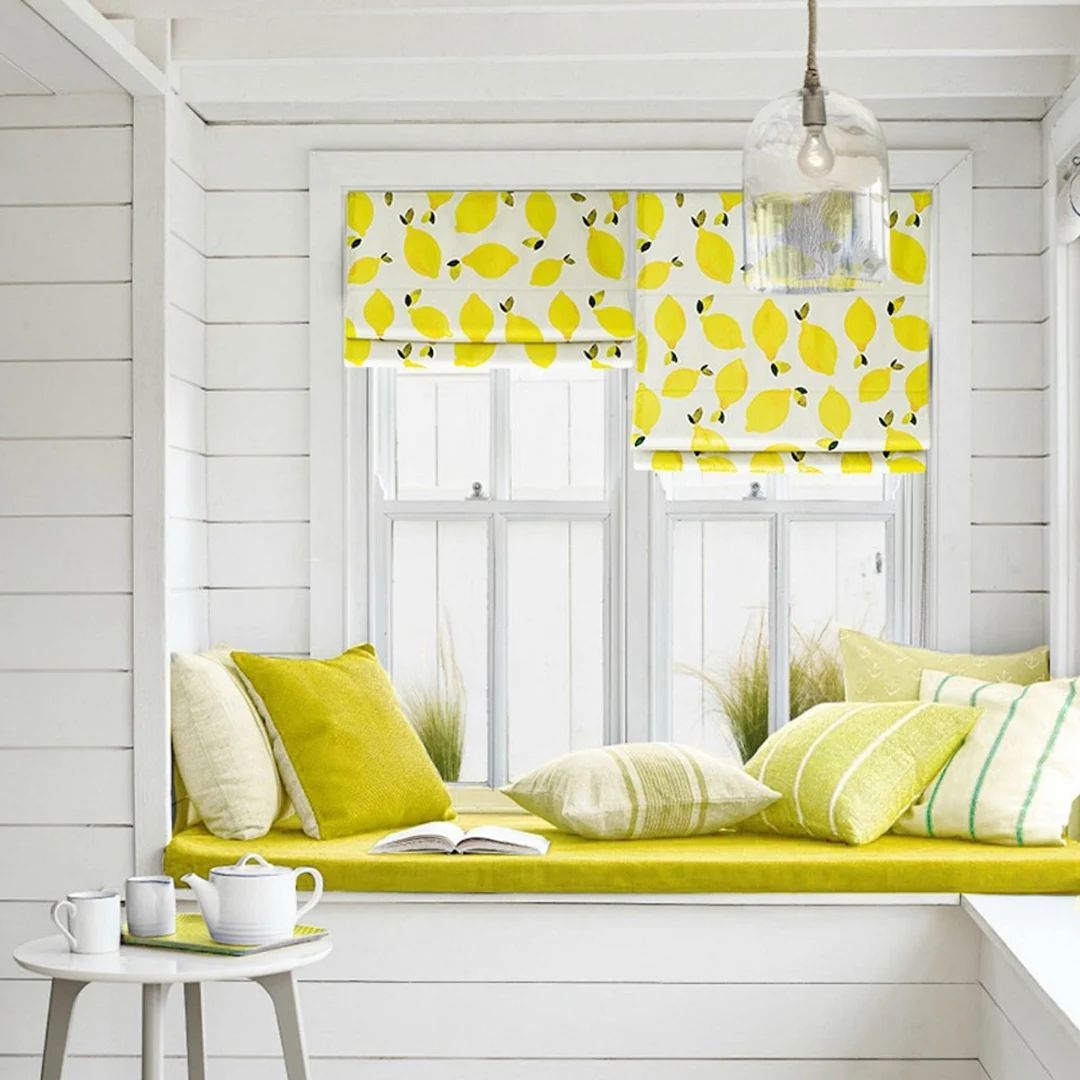 Lemon roman shade, yellow lemon print, linen fabric shade, flat & fold style with cord, installat... | Etsy (US)