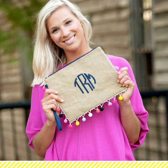 Monogrammed Pom Pom Clutch / Burlap Pom Pom Pouch / Bridesmaid - Etsy | Etsy (US)