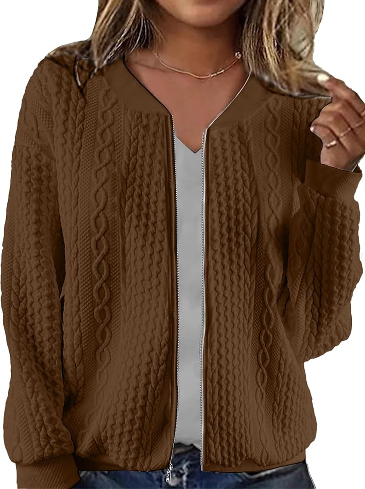 WROLEM Women's Zip Up Cardigan Sweater Cable Hoodies Long Sleeve Jacket Outfits Crewneck Casual C... | Amazon (US)