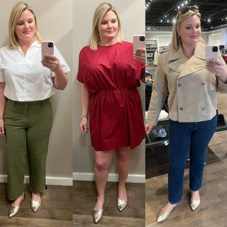 Banana Republic Factory try on! Olive jeans fit big, white tab collar blouse fits TTS, red dress fits big- size down. Short trench fits TTS  

#LTKstyletip #LTKmidsize #LTKover40