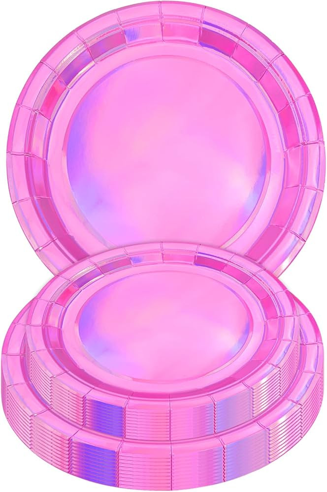 40PCS Hot Pink Birthday Plates, Holographic Iridescent Pink Party Plates Includes 20-9" & 20-7" D... | Amazon (US)