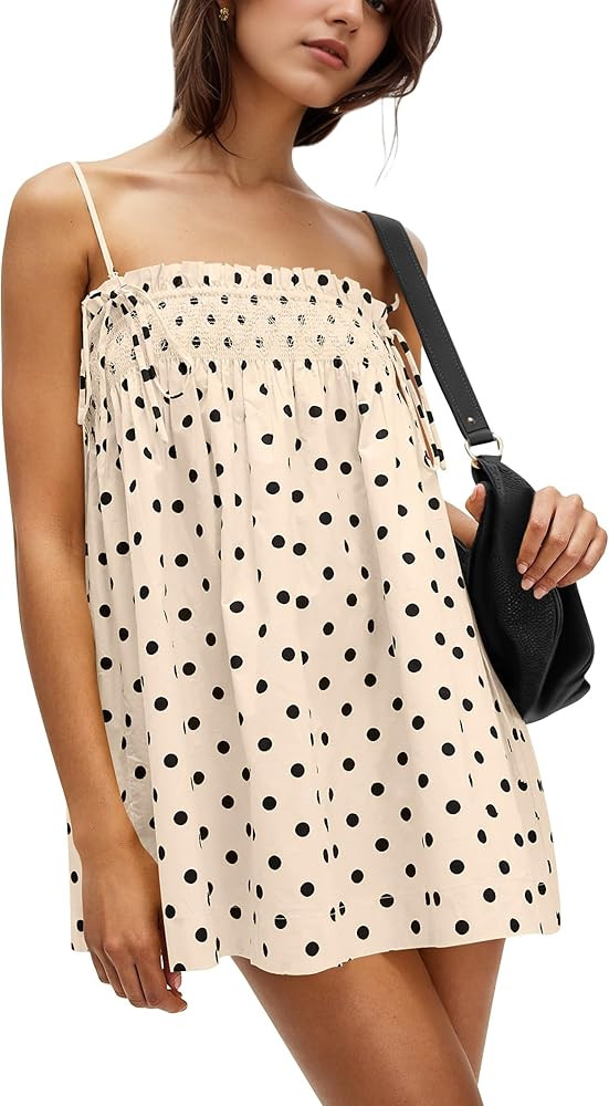 Women Polka Dot Sleeveless Square Neck Backless Spaghetti Strap Smocked Flowy Ruched Sexy Mini Ca... | Amazon (US)
