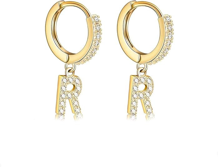 14K Gold Plated Cubic Zirconia Initial Earrings Delicate Small Hoop Earrings Hypoallergenic Lette... | Amazon (US)