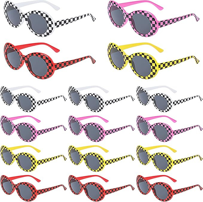 16 Pack 80's Style Neon Party Sunglasses Racecar Sunglasses with UV400 Protection Checkered Sungl... | Amazon (US)