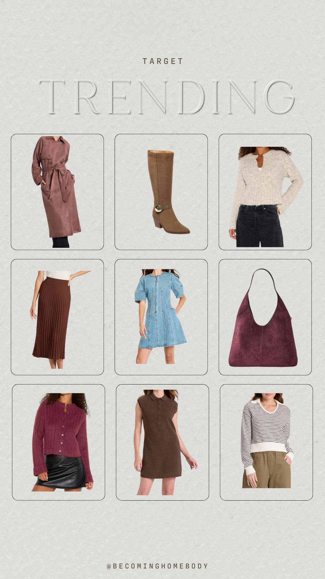 Target fall fashion 2024, target trending outfits, fall outfit ideas, cozy fall sweaters, brown pleated skirt, tall suede boots, denim dress, maroon shoulder bag, target clothing new arrivals, fall capsule wardrobe, target knitwear, neutral fall outfit inspo, fall fashion favorites, target dresses, affordable fall fashion 

 #LTKHoliday #LTKStyleTip #LTKBeauty