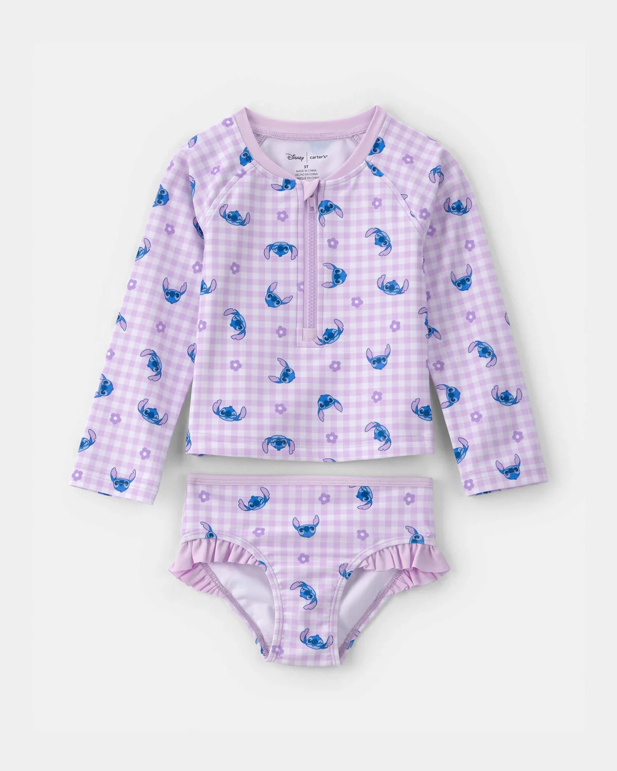 Toddler Girl 2-Piece Disney© Lilo & Stitch Gingham Long-Sleeve Rashguard Swimsuit Set - Purple | Carter's Inc