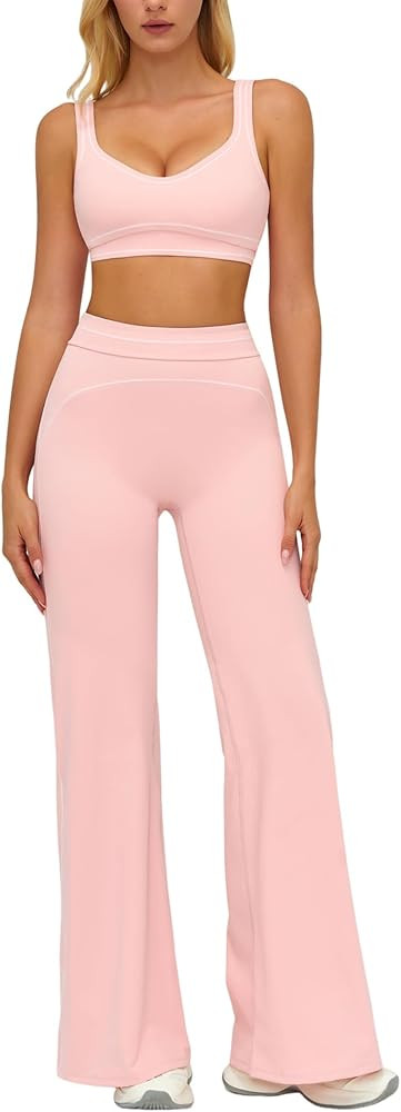 Womens Workout Set Two Piece U Back Color Block Sports Bra Matching High Waist Leggings Gym Work ... | Amazon (US)