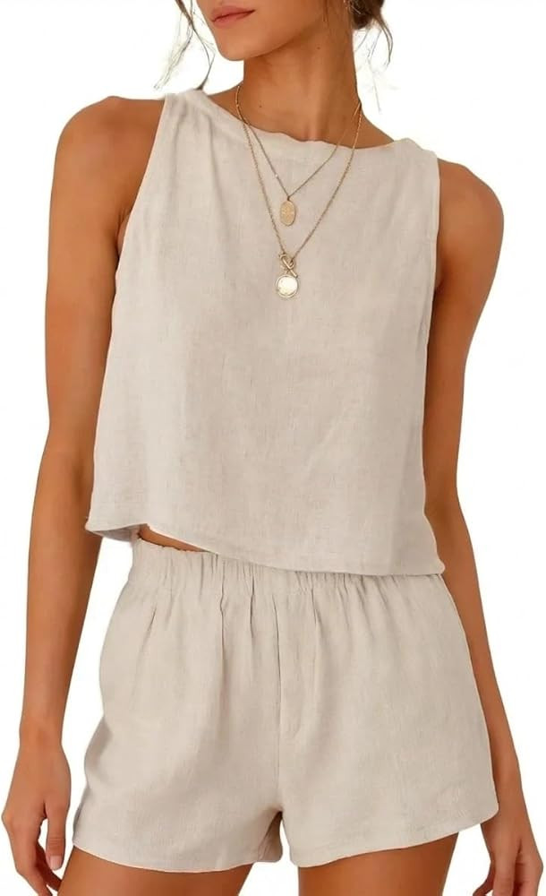 IDEALSANXUN Womens Two Piece Sets Summer Beach Spring Linen Tank Tops and Shorts | Amazon (US)