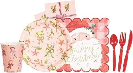 140 PCS Christmas Santa & Mistletoe Pink Decoration Dinnerware Set, Xmas Plates Disposable Party ... | Amazon (US)
