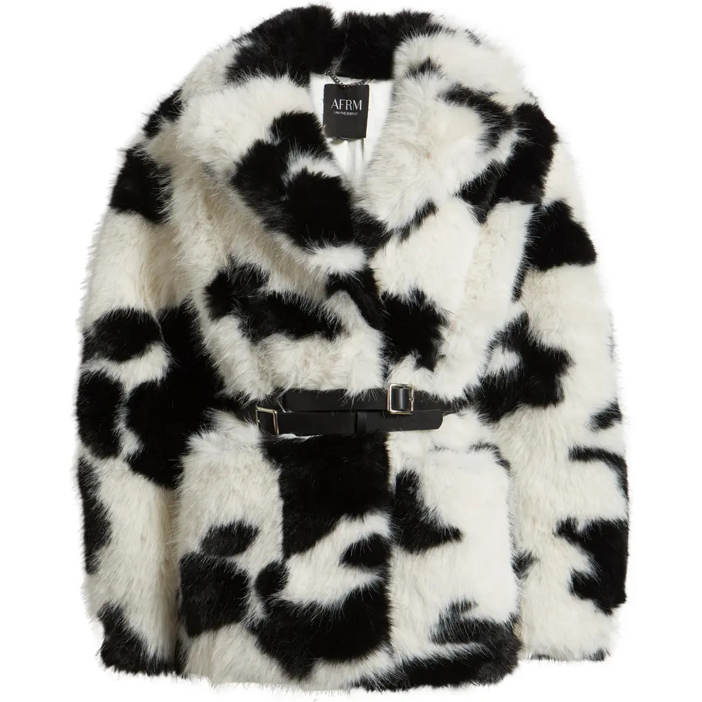 AFRM Livingstone Cow Print Faux Fur Jacket in Cattle Print Fur at Nordstrom, Size Small | Nordstrom