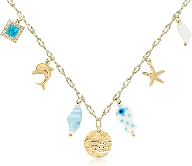 Chunky Gold Necklace Statement Shell Starfish Turquoise Dolphin Charm Choker Boho Beach Ocean Sum... | Amazon (US)