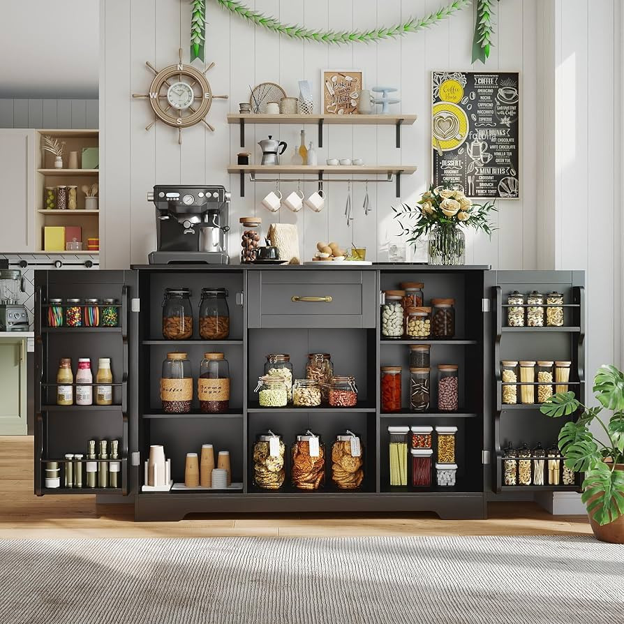 Gizoon 45" Coffee Bar Cabinet with Door and Shelves Kitchen Hutch with Countertop, Kitchen Buffer... | Amazon (US)