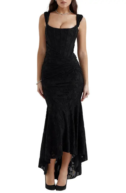 HOUSE OF CB Cesca Floral Ruched High-Low Corset Dress in Black at Nordstrom, Size Large | Nordstrom