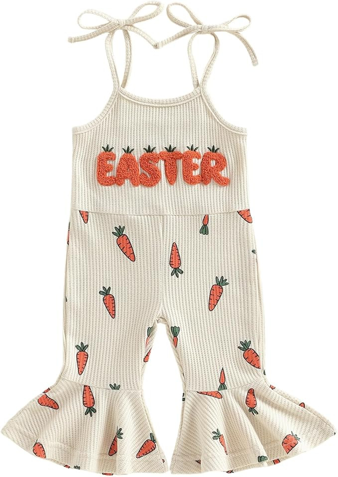 Baby Girl Easter Outfit Tie Shoulder Carrot Pattern Jumpsuit Romper One Piece Waffle Bell Bottoms... | Amazon (US)