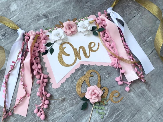 1st Birthday High Chair Banner, ONE Banner, Baby Girl Banner, Floral Banner, Cake topper, Birthda... | Etsy (US)