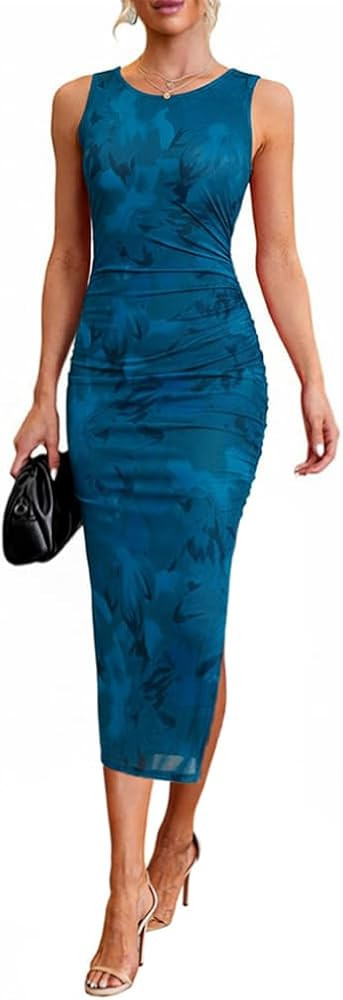oten Women's Sleeveless Mesh Floral Summer 2025 Ruched Bodycon Slit Wedding Guest Cocktail Party ... | Amazon (US)