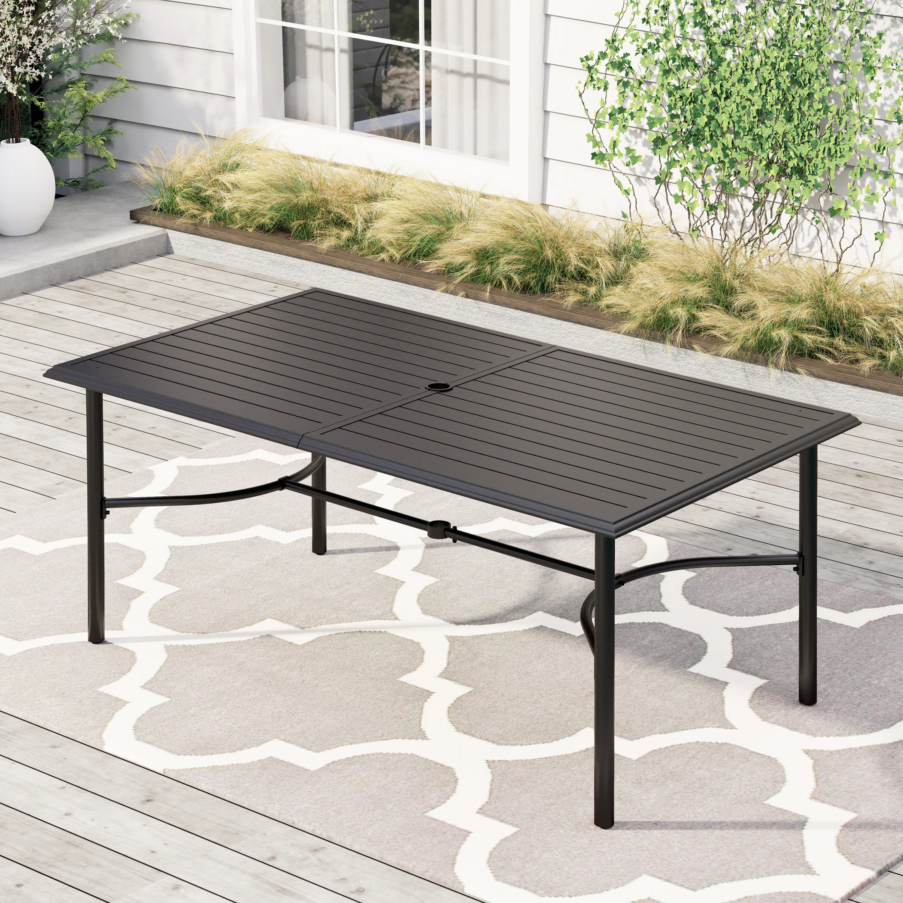 Rectangular Metal Outdoor Dining Table With Umbrella Hole , 67'' in. W 38'' in. D | Wayfair North America