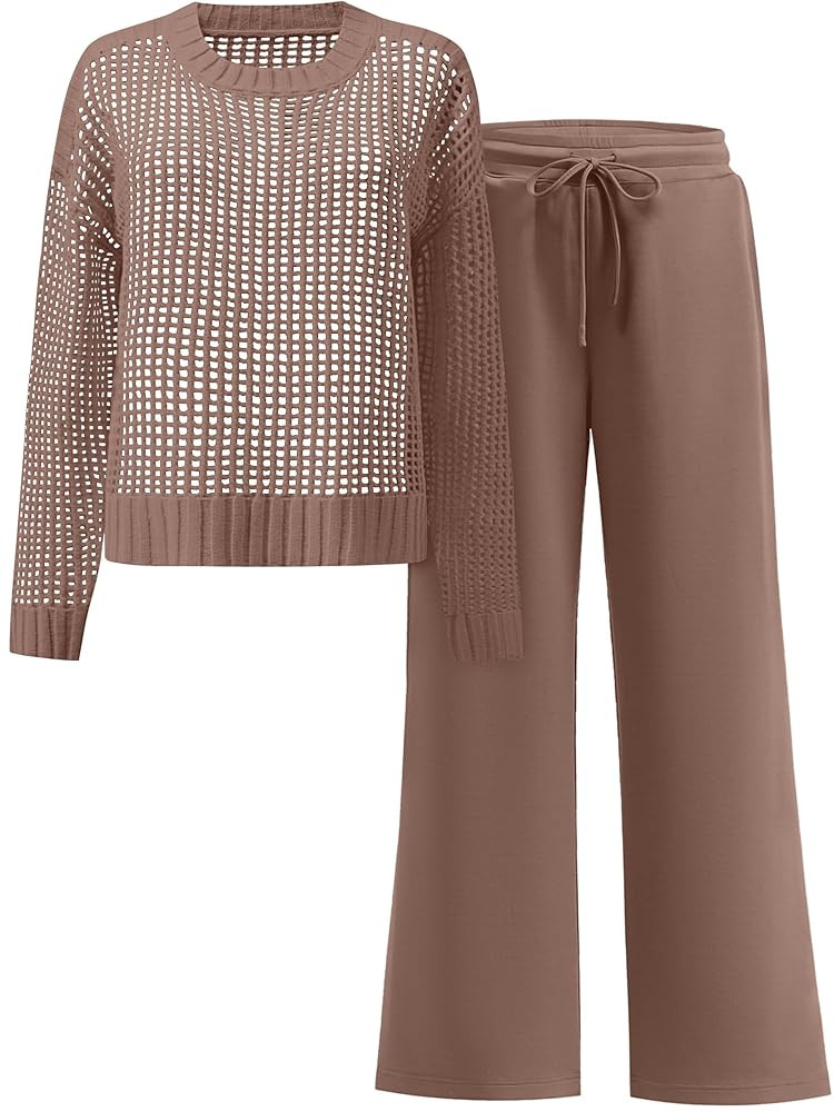 ANRABESS Womens 2 Piece Outfits Crochet Sheer Knit Sweater Top Wide Leg Pants Lounge Sets Sweatsu... | Amazon (US)