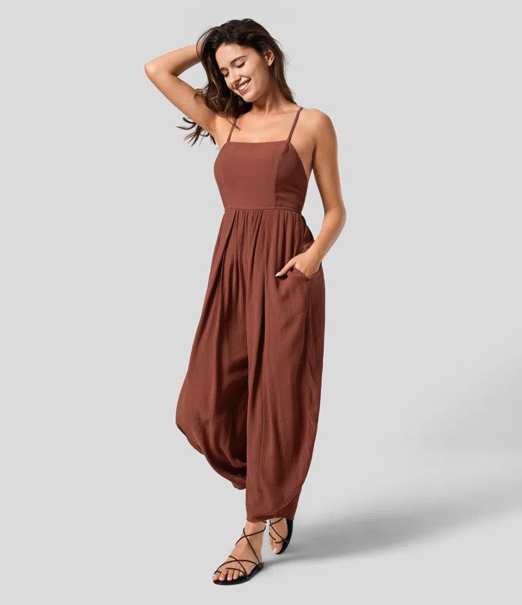 Spaghetti Strap Backless Lace Up Plicated Side Pocket Resort Jumpsuit | HALARA
