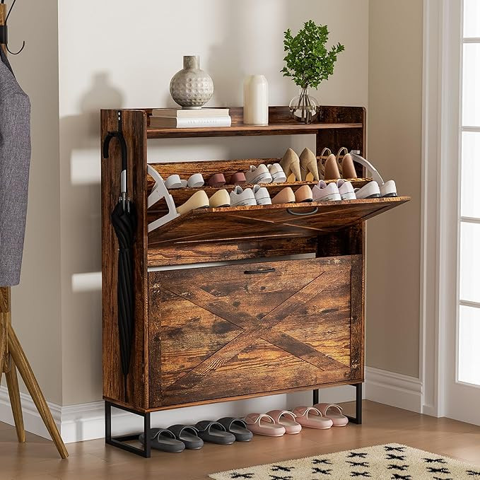 Shoe Cabinet with 2 Flip Drawers, Freestanding Shoe Organizer with Removable Hooks, Narrow Shoe R... | Amazon (US)