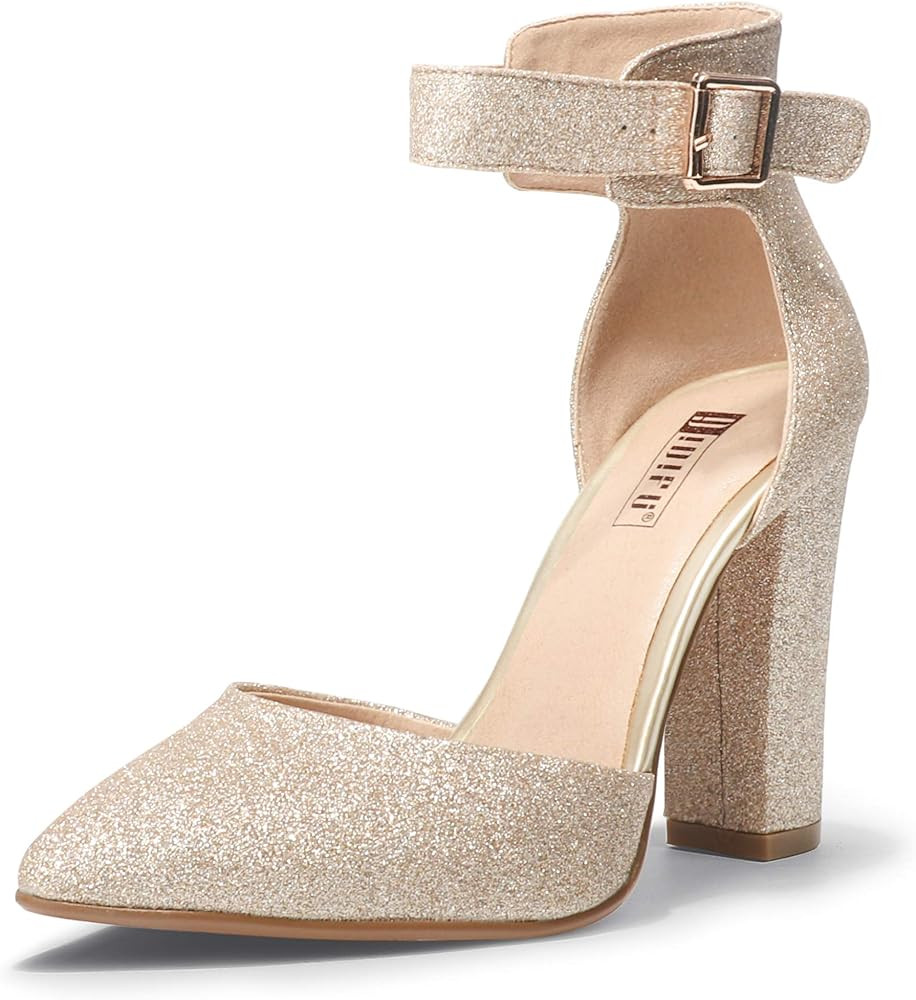 IDIFU Women's IN4 Pedazo High Block Heels Pumps Pointed Closed Toe Ankle Strap Dress Wedding Shoes | Amazon (US)