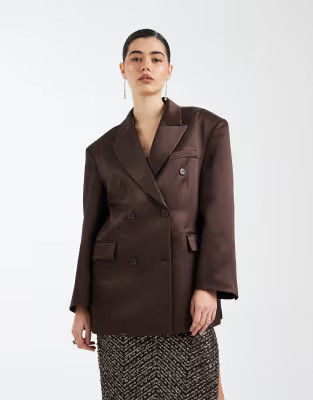 ASOS DESIGN oversized double breasted satin blazer in chocolate brown | ASOS (Global)