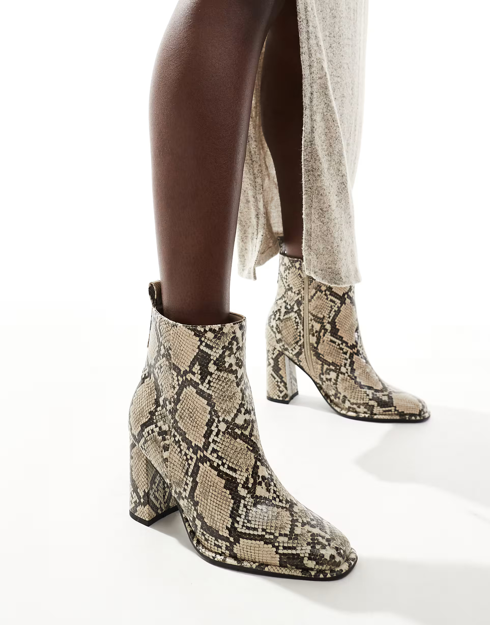 London Rebel Maddie wide fit block heel ankle boots in snake | ASOS (Global)