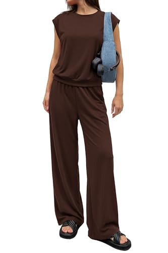 PRETTYGARDEN Women's Summer 2 Piece Lounge Sets 2026 Cap Sleeve Tops Wide Leg Pants Workout Sets Loose Casual Tracksuit(Brown,Large) | Amazon (US)