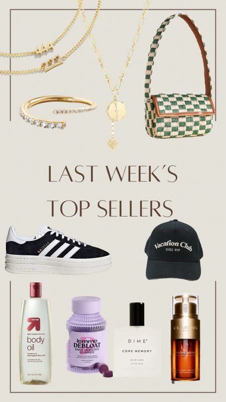 Last Week’s Top Sellers: 
1. Electric Picks St. Barth’s Necklace 
2. Baublebar Angel Numbers Bracelet 
3. Baublebar Nicole Ring
4. Anthropologie Fiona Bag
5. Gigi Pip Vacation Club Trucker Hat - Code: Kristin15 
6. Gazelle Bold Sneaker 
7. Body Oil
8. Lemme Debloat Gummies 
9. Clarin’s Double Serum
10. Dime Beauty “Core Memory” Perfume 




#LTKitbag #LTKshoecrush #LTKbeauty