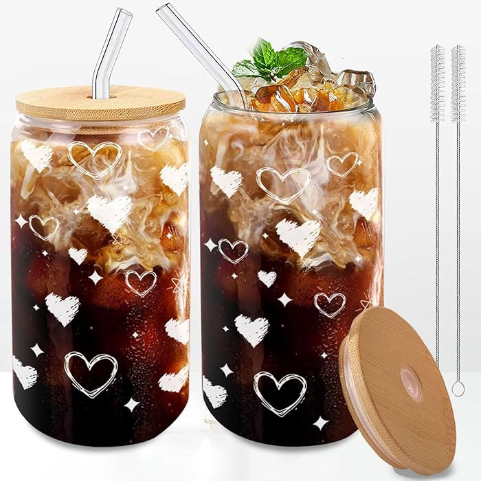 Glass Cups with Lids and Straws – 2 Pack 16oz Heart Tumblers with Bamboo Lids and Glass Straws ... | Amazon (US)