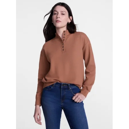 Scenario Women's and Women's Plus Waffle Knit Button Top with Long Sleeves, Sizes XS-4X | Walmart (US)