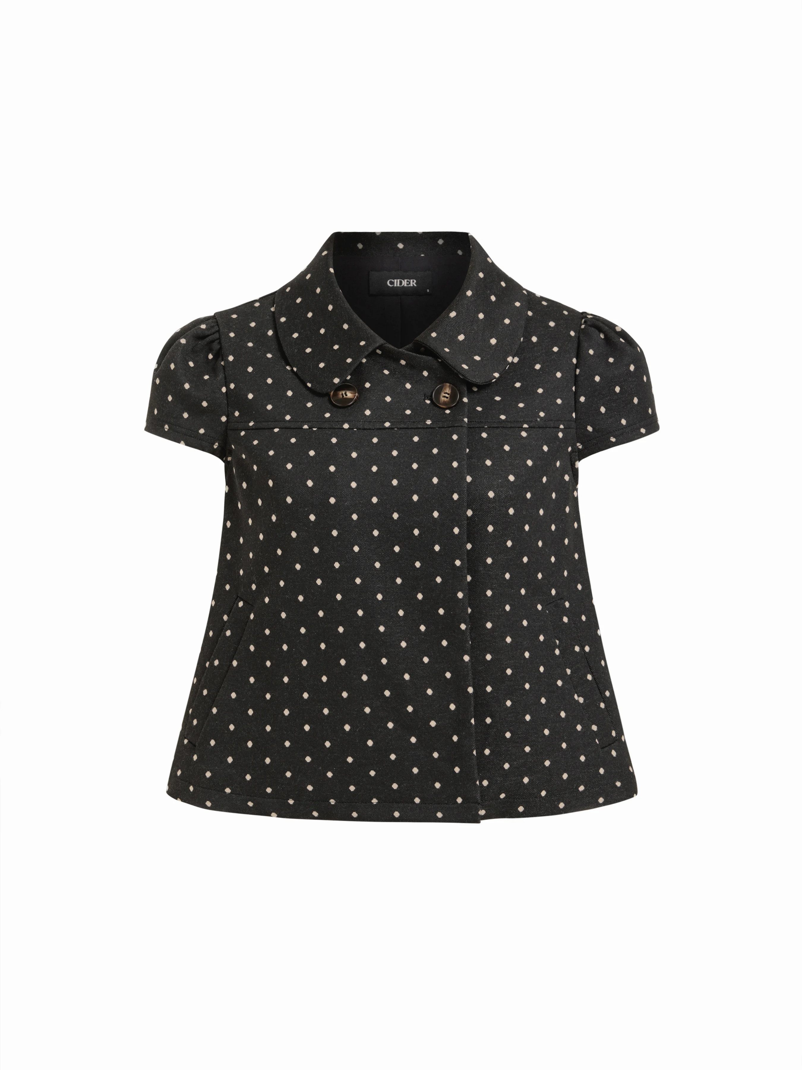 Babydoll Tops Jacquard Peter Pan Collar Houndstooth & Polka Dot Button Short Sleeve Blouse For Da... | Cider