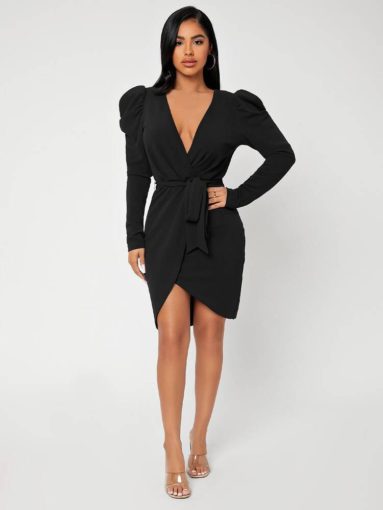 SHEIN SXY Gigot Sleeve Wrap Belted Dress | SHEIN