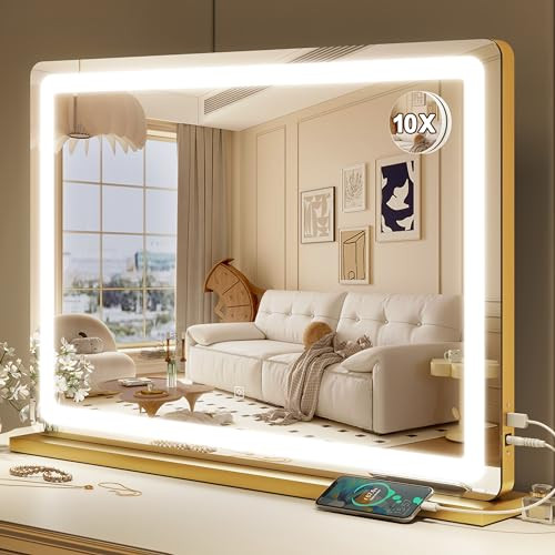 ROLOVE Gold Vanity Mirror with Lights, 32" x 22" Large Lighted Vanity Mirror with Dimmable 3 Modes, LED Makeup Mirror, 10X Magnification, USB Charging Port, Tabletop or Wall-Mounted | Amazon (US)