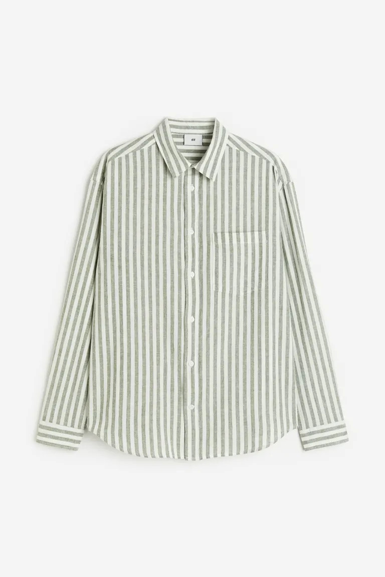 Relaxed Fit Linen-blend Shirt - Green/white striped - Men | H&M US | H&M (US + CA)
