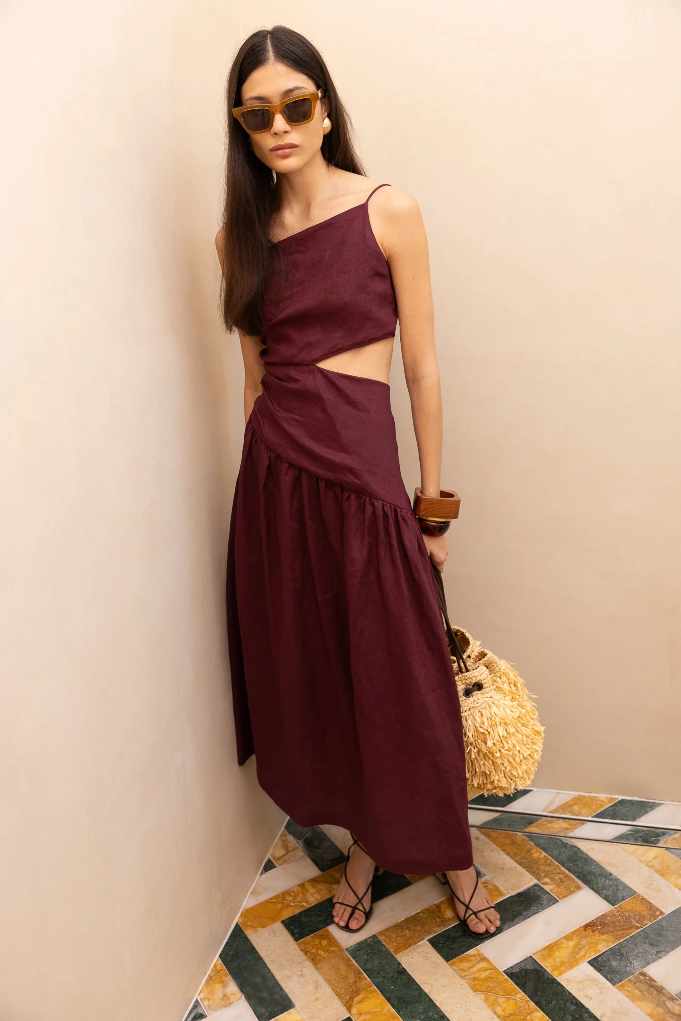 Midi Dress in Wrapped Asymmetric Style with Cut Out Body in Brown | Vivere London