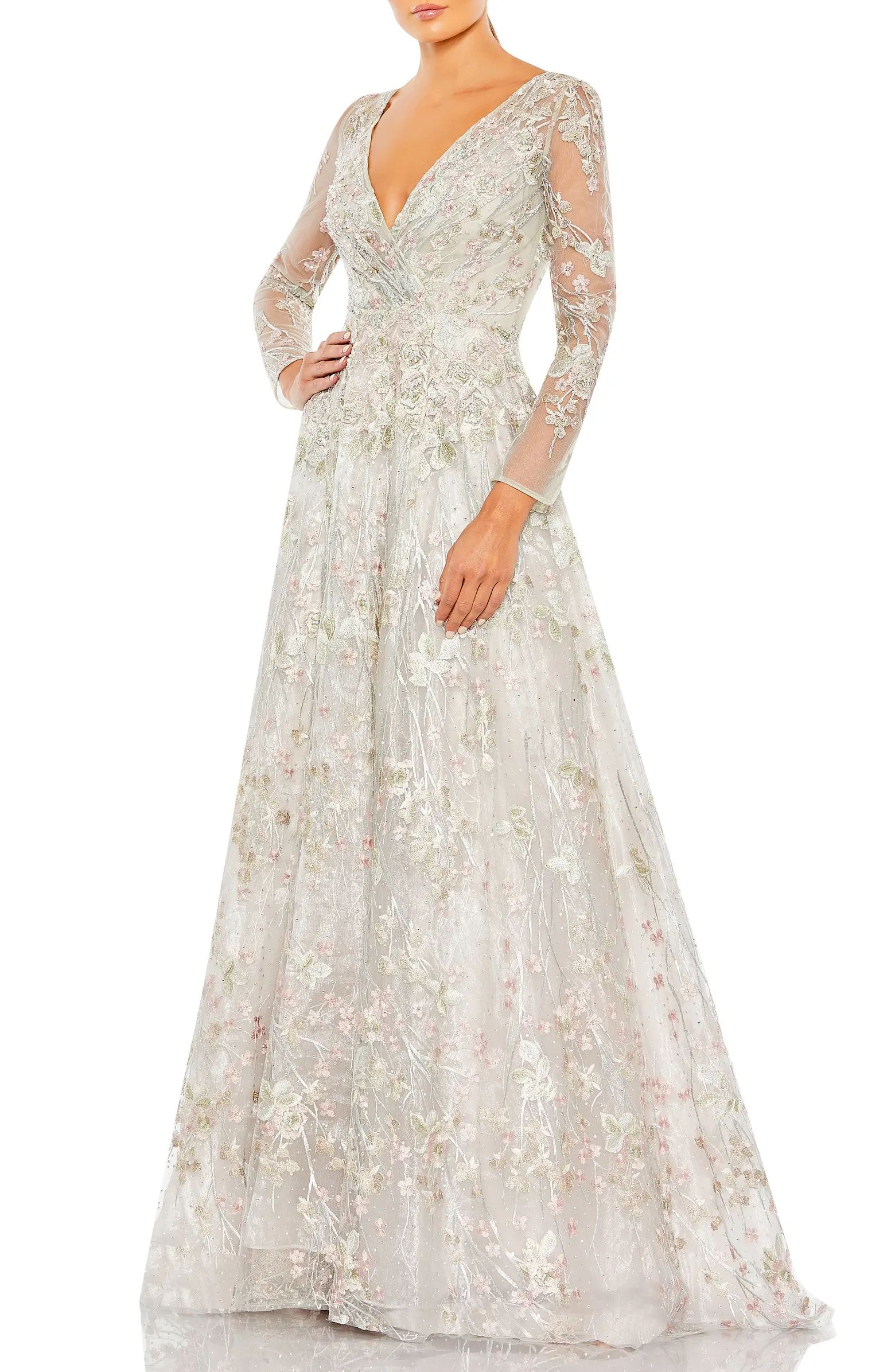 Floral Embroidered Long Sleeve Mesh Gown | Nordstrom