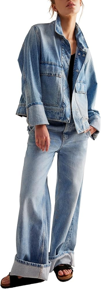 Free People Suzy Denim Jacket for Women - Cotton Construction - Oversized & Boxy Fit - Button Sna... | Amazon (US)