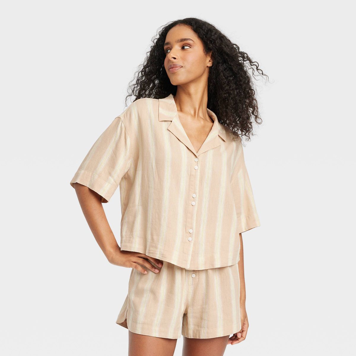 Women's Striped Linen Blend Button-Up Pajama Top - Stars Above™ Tan XS | Target
