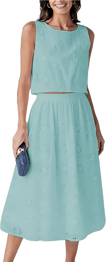 Wanzetaly Women's 2 Piece Skirt Set Hollow Out Eyelet Sleeveless Tank Top Maxi Skirt Boho Outfits... | Amazon (US)
