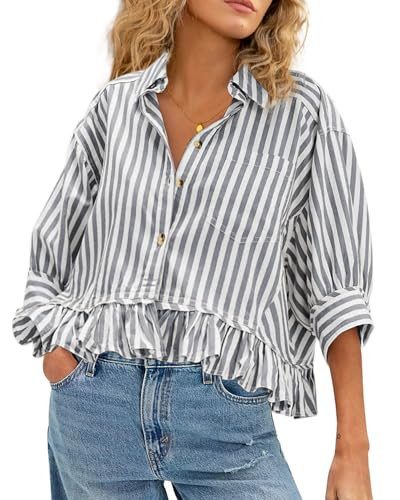 CHYRII Womens Summer Tops Dressy Casual Blouse Top Ruffled Short Sleeve Button Down Striped Shirt Black S | Amazon (US)