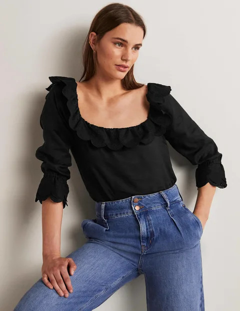 Square Neck Frill Linen Blouse | Boden (US)