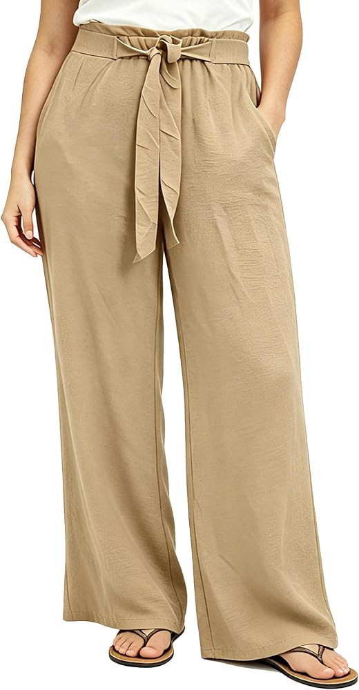 Women Wide Leg Casual Pants High Waist Flowy Palazzo Trousers Adjustable Knot Stylish Lounge Busi... | Amazon (US)