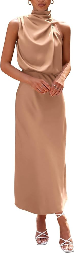 PRETTYGARDEN Women's 2025 Summer Satin Dress Elegant Sleeveless Mock Neck Cocktail Party Maxi Dre... | Amazon (US)