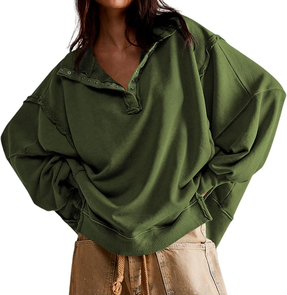 Yimoon Women Oversized Sweatshirt Henley V-Neck Button Pullover Batwing Long Sleeve Tops Casual T... | Amazon (US)