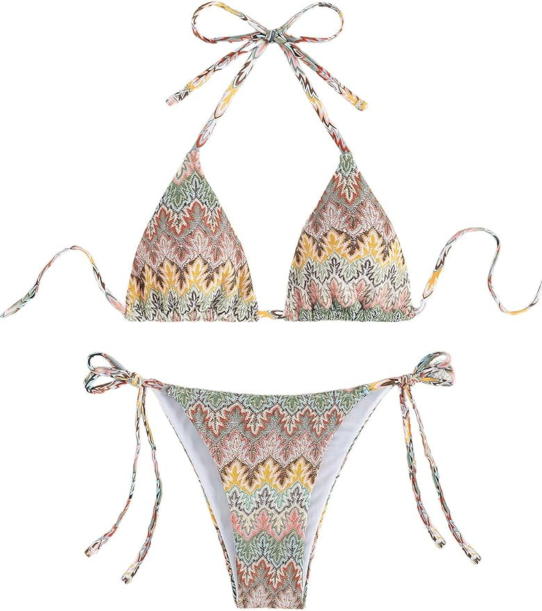 Amazon.com: SHENHE Women's 2 Piece Swimsuit Floral Print Halter Tie Side Triangle Bikini Set Mult... | Amazon (US)