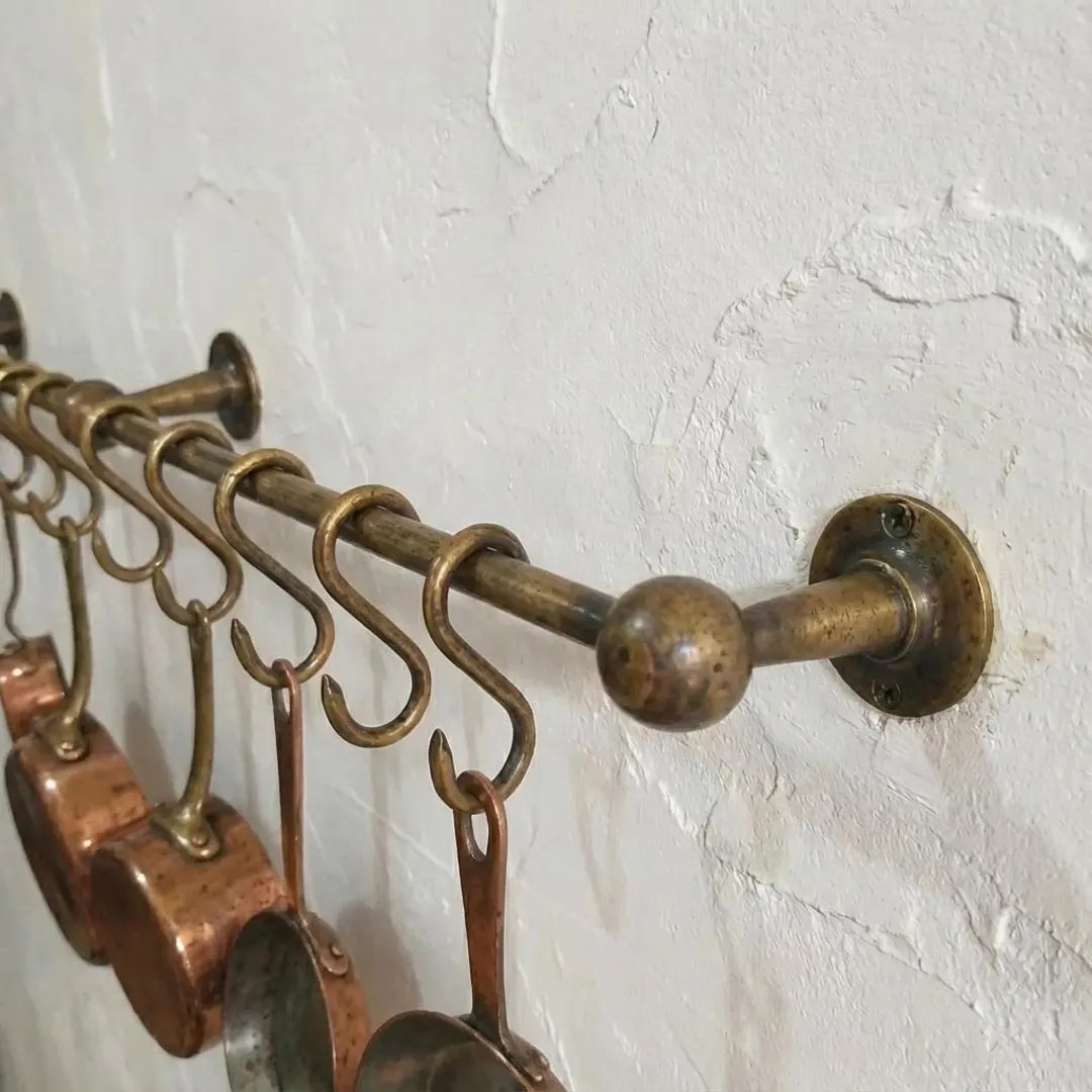 Unlacquered Brass Kitchen Pot Rail with Hooks, French Country Cookware Storage | Etsy (Global)