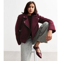 Burgundy Bouclé Biker Jacket New Look | New Look (UK)